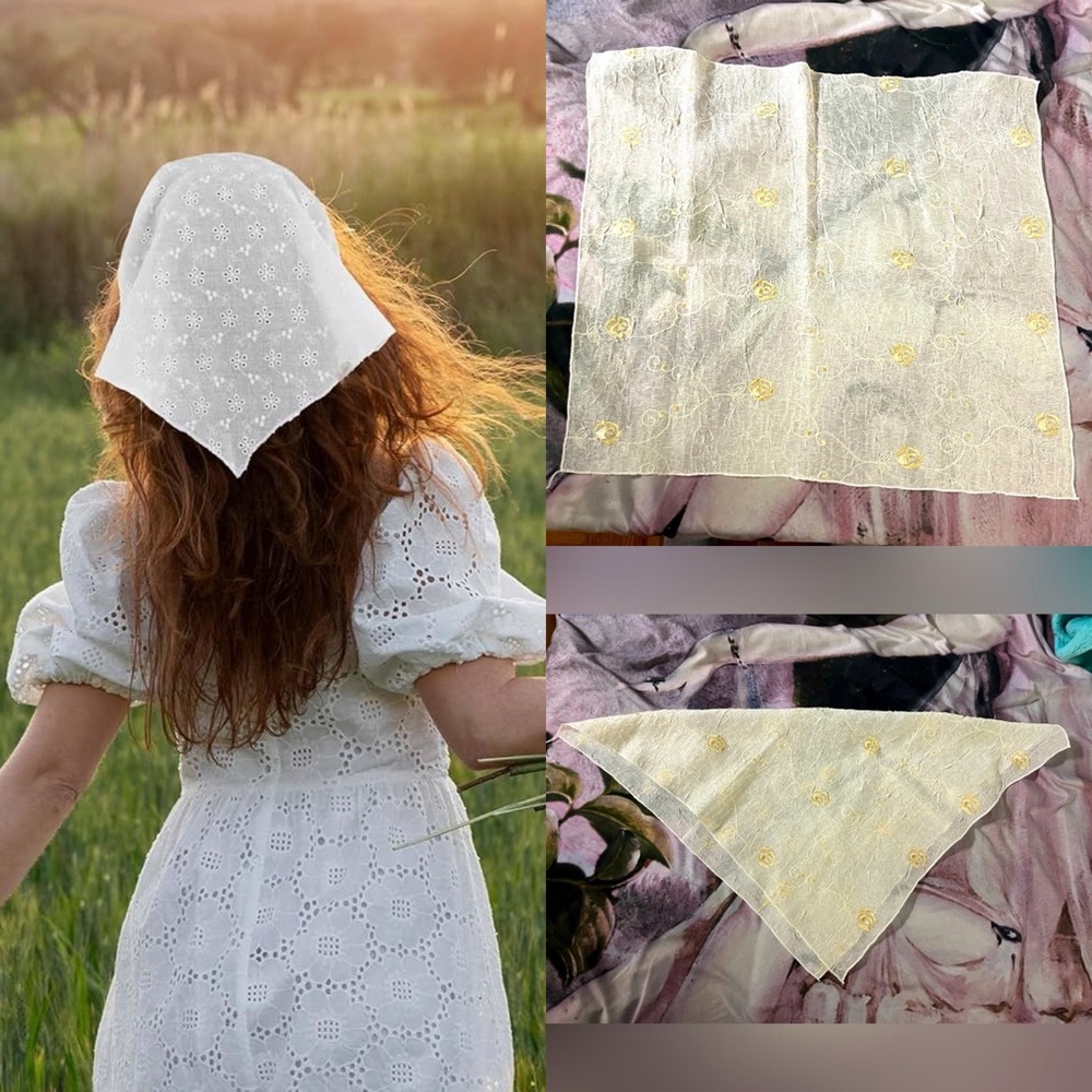 Vintage White/Cream Handkerchief/Scarf w/ Gold Roses